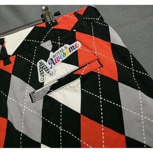 Royal & Awesome Golf Shorts Mens 35x10 Black Red & White Argyle All Over Print
